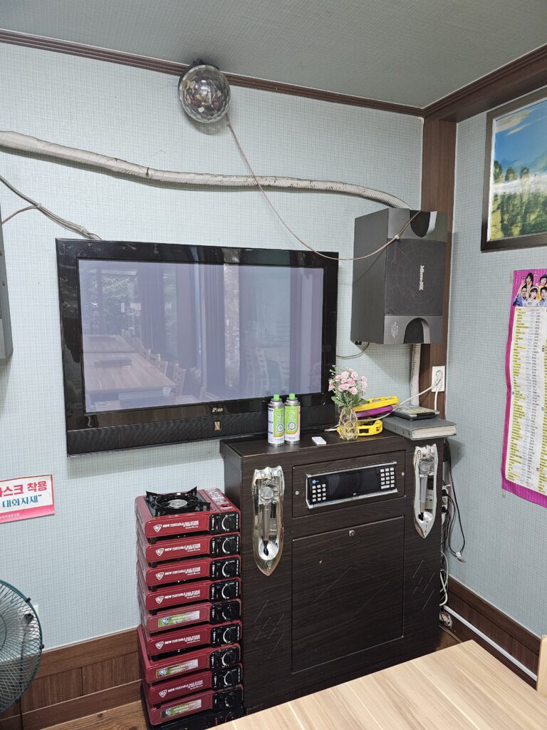 Karaoke television, speakers, controller, microphones, and portable gas burners inside Janggun Sikdang.