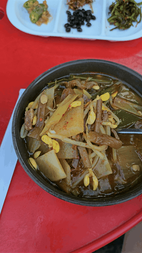 Beef soup piled high with radish, bracken, bean sprouts and taro