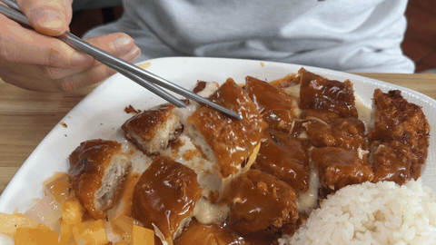 ご飯ののった皿の上で、ソースのかかったトンカツからのびるチーズ