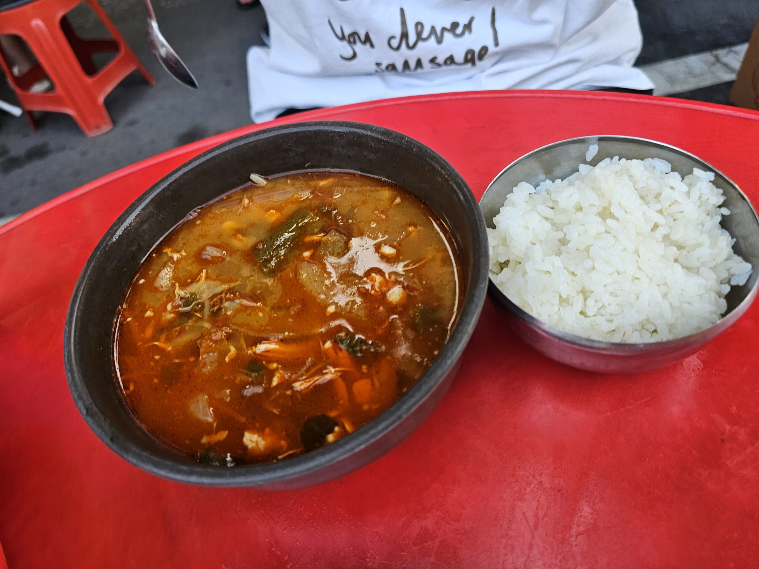 Dakgaejang with shredded chicken and green onion, served with a bowl of rice