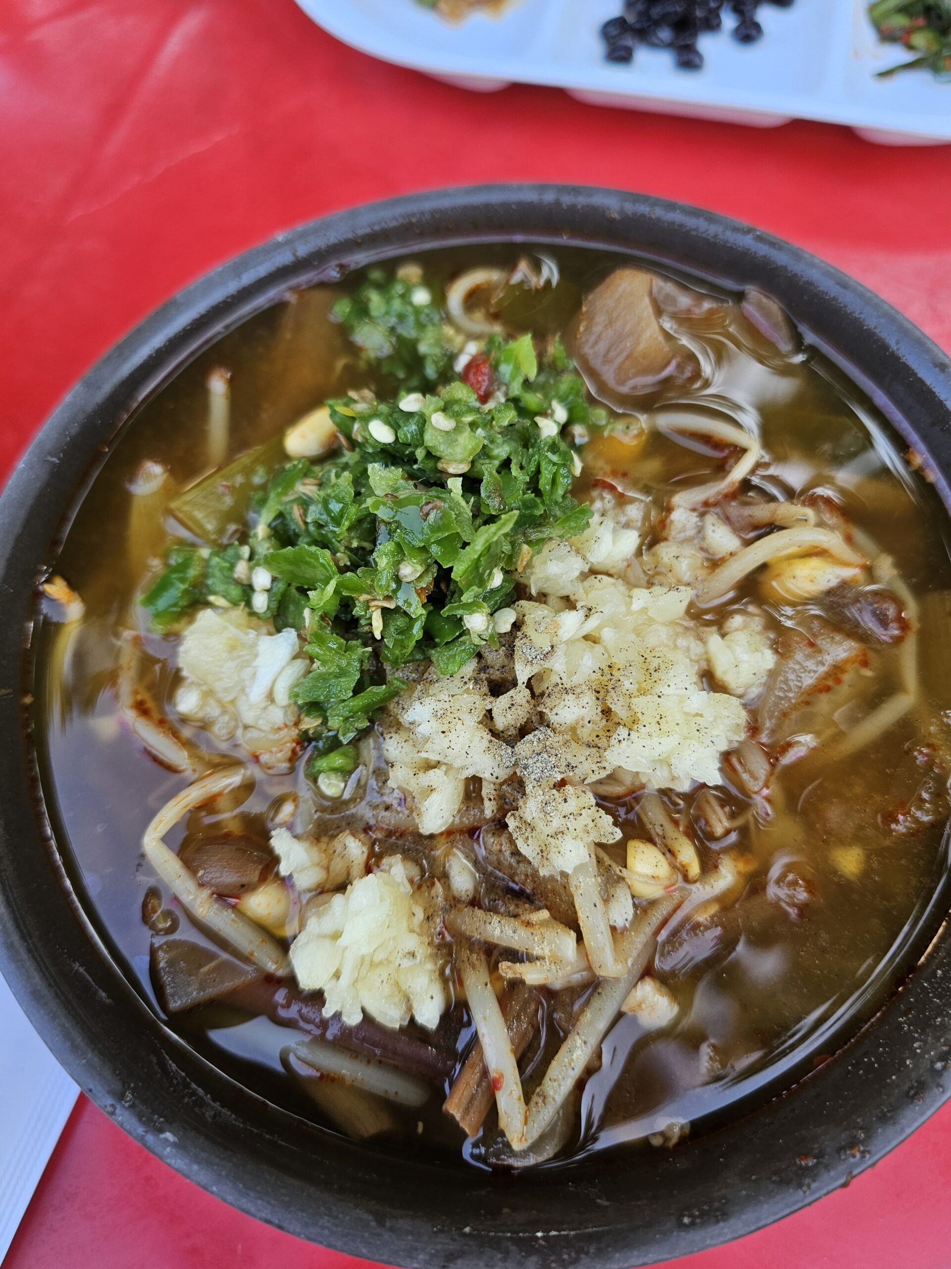 Chopped chili and chopped garlic heaped on top of the red soup broth